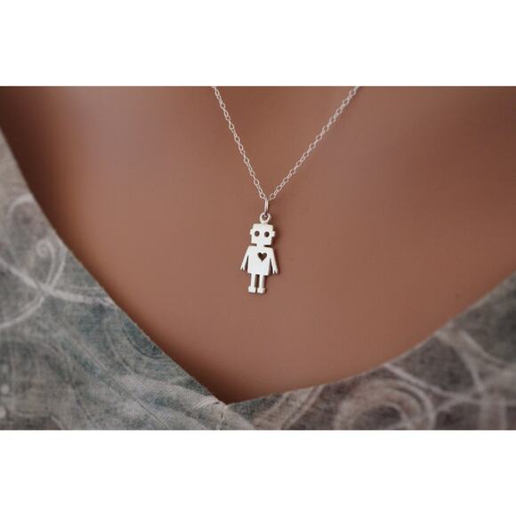 Sterling Silver Robot Charm Necklace, Robot Pendant Necklace, Robot Necklace - Picture 2 of 3